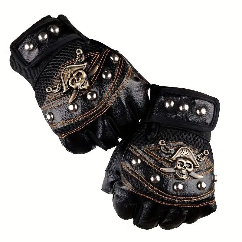 Half-Finger Skull Gloves with Rivets Pirate-Inspired Design for Cycling, Halloween & Active Use Cool & Tough Gloves for Outdoor Sports & Events
