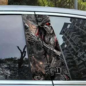 2pc Denim Skull Car B-Pillar Protection Sticker, Easy Peel & Stick, Sunproof Waterproof Scratch-Resistant, Fits All Cars, Car Exterior Decoration, Car Decals, Decal For Cars