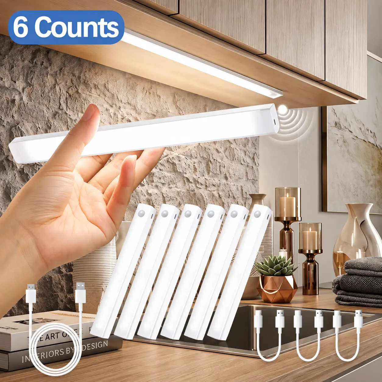6-Piece Magnetic LED Motion Sensor Light Strip Set, USB Rechargeable Adjustable Wireless Stick On, Indoor Lighting for Kitchen, Closet, Staircase, Bedroom, Wardrobe, Hallway, Cabinet, Kitchen Accessories