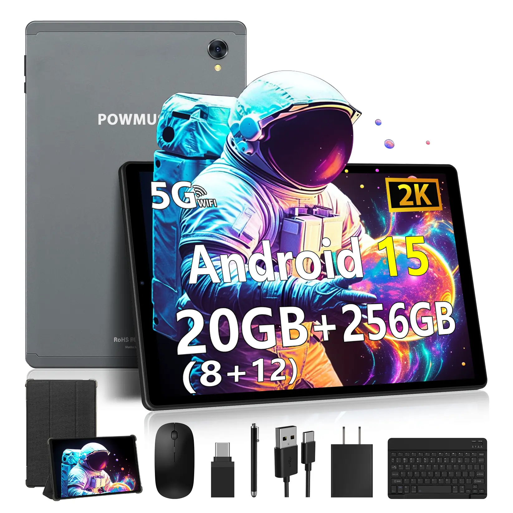 POWMUS 10.4 Inch Android 15 Tablets with Keyboard Mouse Stylus Case, 8GB RAM 256GB ROM, Octa-Core Processor, 2000x1200 IPS HD Touchscreen, 2TB Expandable, 8000mAh Battery, 8MP+13MP Camera, WiFi Bluetooth Tablet PC
