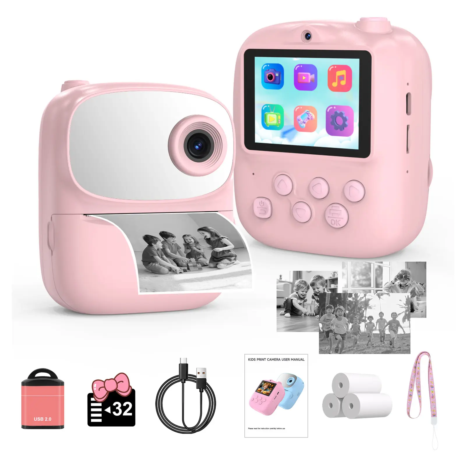 【SummerWins】Kids Instant Print Camera (with 3 Rolls of Paper), 2.4" LCD Screen, Rechargeable 1080P Pocket Camera, 12MP Photos, Thermal Paper Printing (No Ink Needed), Birthday Gift for Boys & Girls, Portable Lens Camera, FathersDayGift