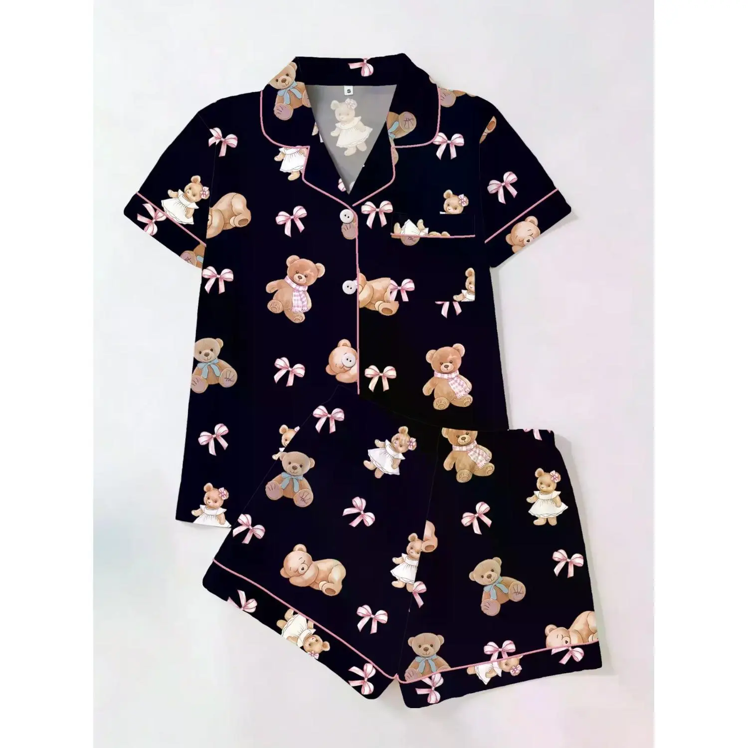 Adorable Bear Bowknot Print Women's Sleepwear Set, Short Sleeve Pajama T-Shirt and Shorts, Cozy Casual Loungewear for All Seasons
