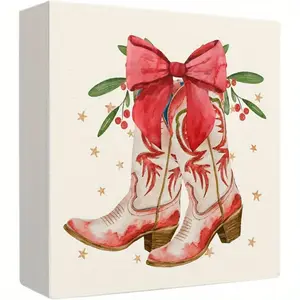 Western Christmas Decorations, Red Coquette Bow Western Cowgirl Boots Christmas Wooden Box Sign, Country Christmas Decor, Christmas Wood Signs for Home Office Desk Shelf Table Decor, 5x5 Inch
