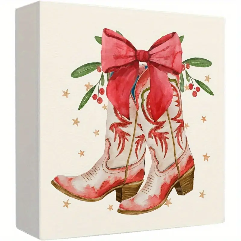 Western Christmas Decorations, Red Coquette Bow Western Cowgirl Boots Christmas Wooden Box Sign, Country Christmas Decor, Christmas Wood Signs for Home Office Desk Shelf Table Decor, 5x5 Inch