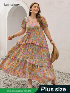 Plus Size Floral Print Puff Sleeve Tiered Layer Ruffle Hem A Line Dress, Boho Fashion Short Sleeve V Neck Long Dress for Daily Holiday Vacation Wear, Women Plus Clothing for All Seasons, Casual Wear, Lady Clothing, Bohemian, Womenswear