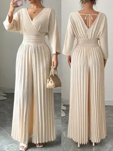 Women's Elegant V Neck Batwing Sleeve Long Sleeve Pleated Wide Leg Pants, Spring & Fall Woven Fabric, Fitted Plain Style, New Arrival Fashion, Womenswear