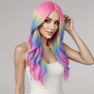 Rainbow Ombre Wigs Long Wavy Wig for Women Colorful Ombre Curly Heat Resistant Synthetic Hair Wigs for Daily Use party cosplay