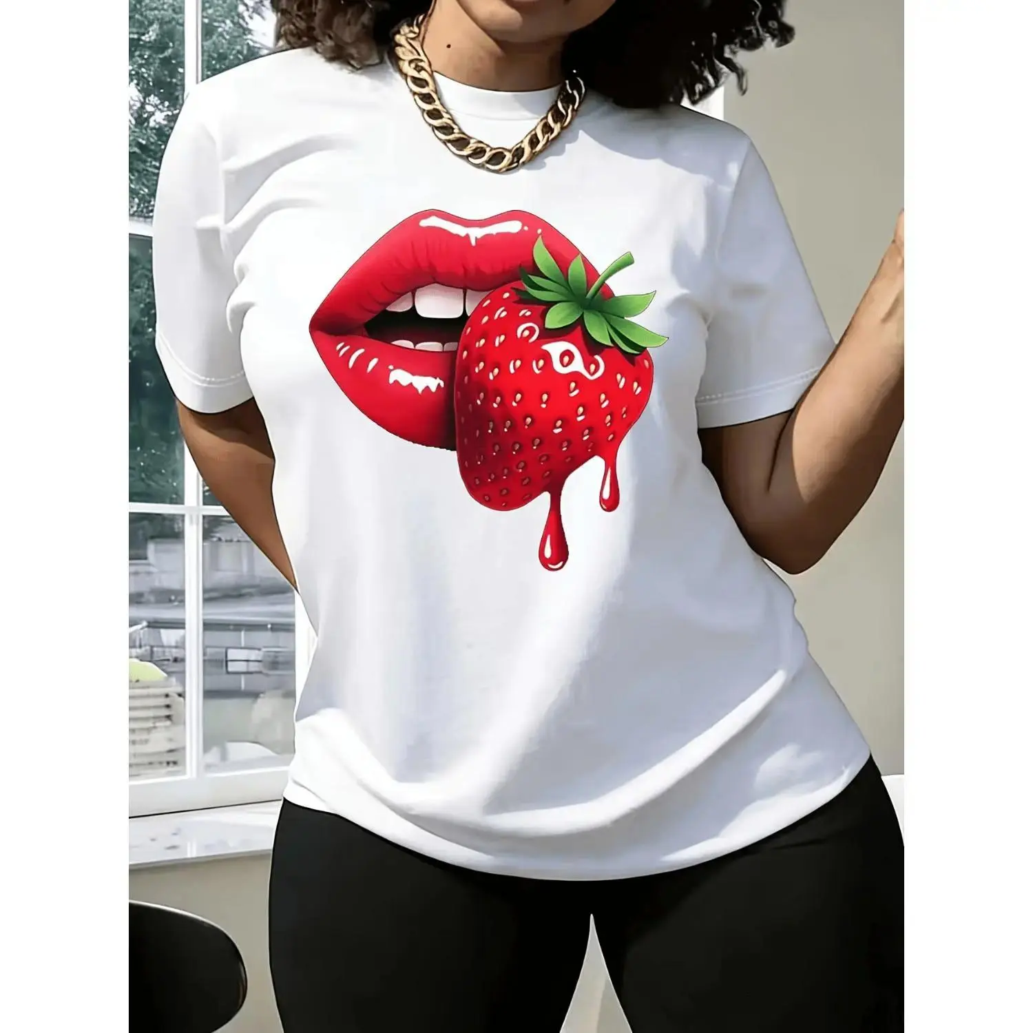 Women’s Thin Shortsleeve Strawberry Print Tee - Casual Everyday Comfortable Fit Summer Top - Sister Gift, Cotton, Unisex, Fabric, Breathable, Graphic, Lightweight