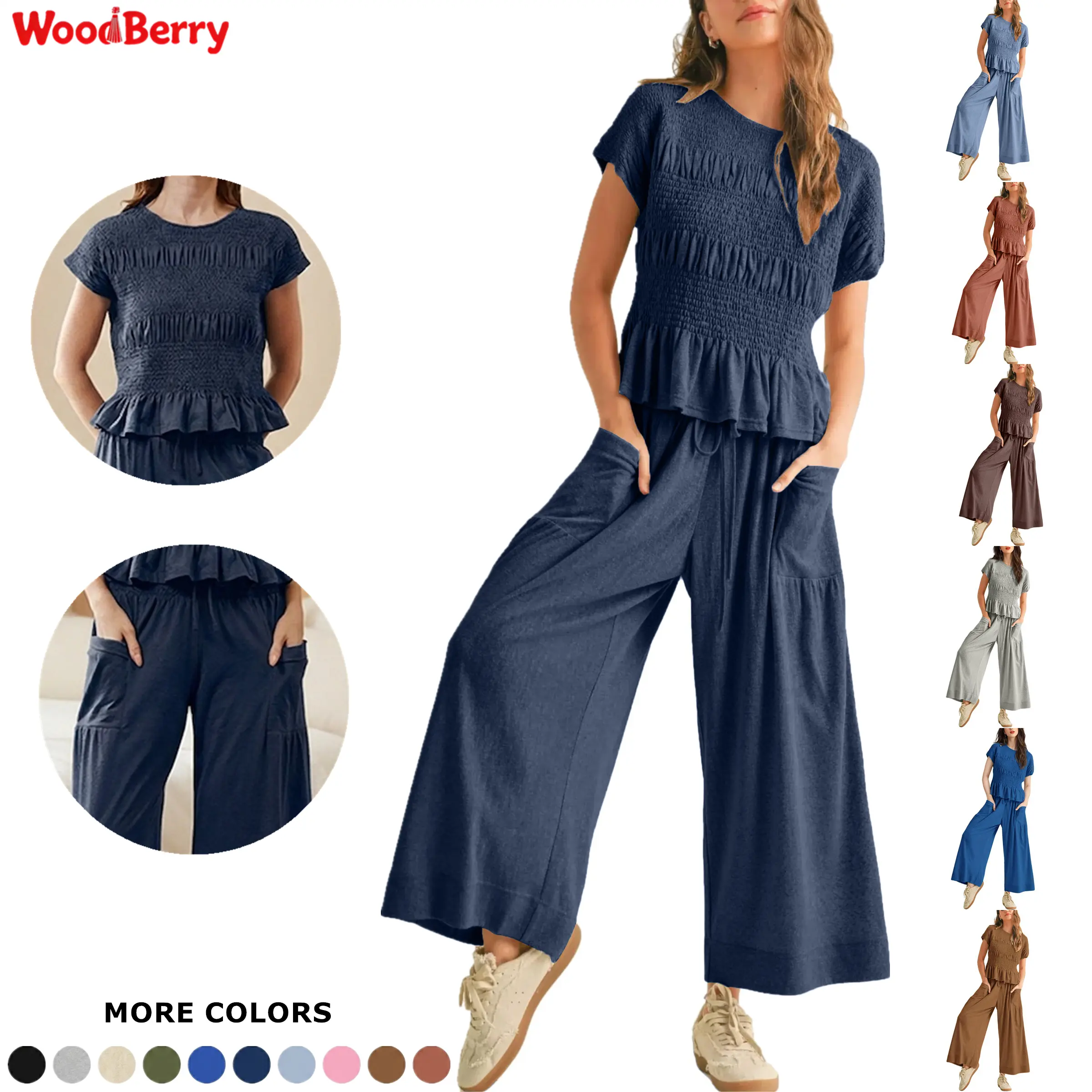 WoodBerry Women's 2-Piece Smocked Shortleeve Crewneck Top & High-Waisted Wide-Leg Pants Set - Casual Boho Minimalist Basic Lounge Outfits with Pockets, Fitted Women's Clothes Matching Sets for Summer, Shortsleeve, Two Piece Set