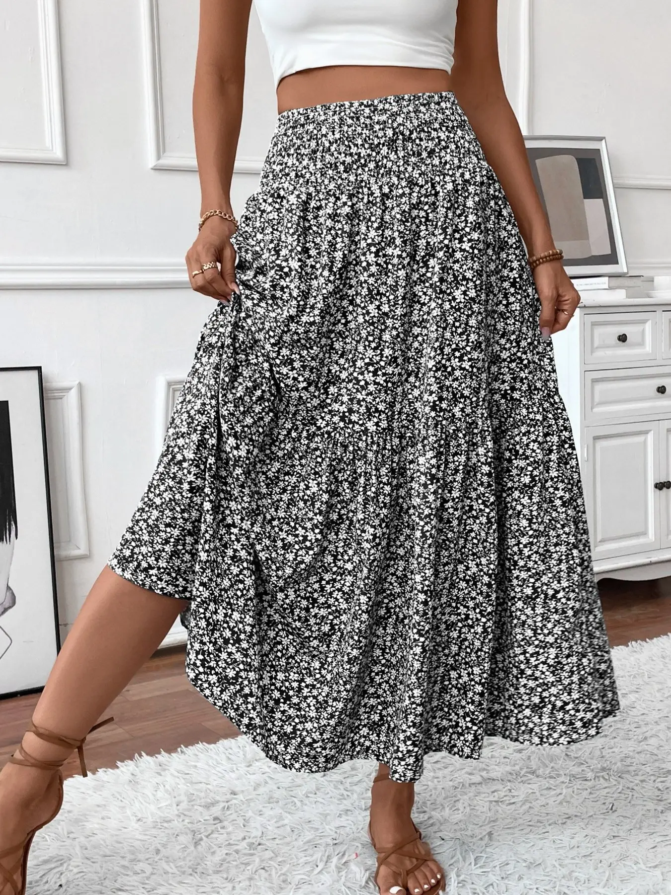 & Ditsy Floral Tiered A-Line Midi Skirt, Boho Style, Bohemian, Casual, High Waist, All over Print, Fitted, Long Skirt, All Seasons