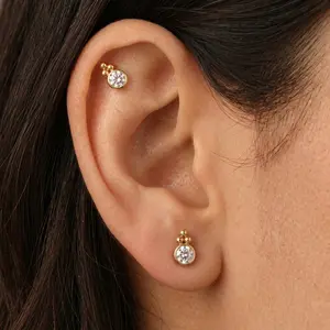 Dainty Clear Crystal Bezel Set Gold Labret Flat Back Cartilage Earring | Triple Ball Accent Helix Tragus Conch Piercing Stud | Minimalist CZ Diamond Look Aesthetic Piercing Jewelry Gift for Her