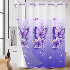 1pc hookless Flower Shower Curtain with buckle lining, purple floral design, 2D flat printing, waterproof lining, see-through double-layer, 71 x 74 inches, home curtain, Shower Curtain Liner, Bathroom Accessory, Bathroom Decoration Accessories