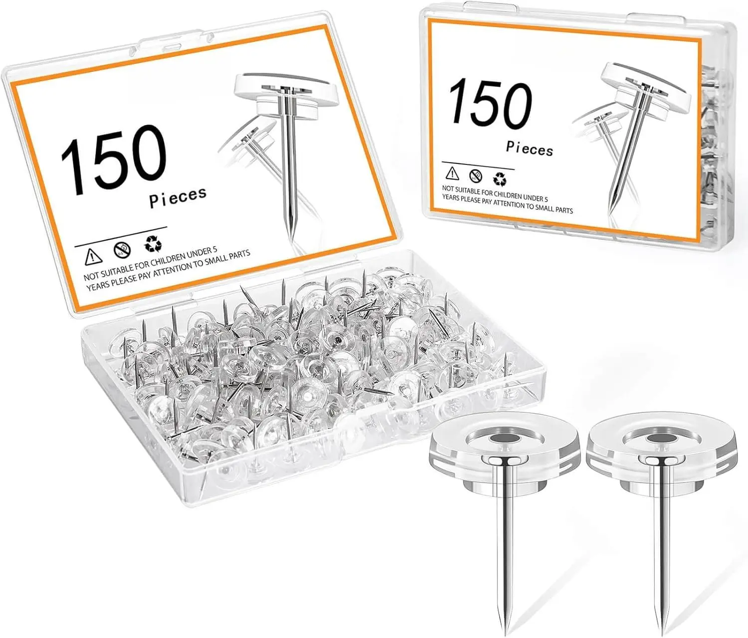 150 count Clear Push Pins Tacks, Thumb Tacks,  Flat  Thumbtacks for Bulletin Board, Maps, Posters, Wall Hanging, Craft Projects
