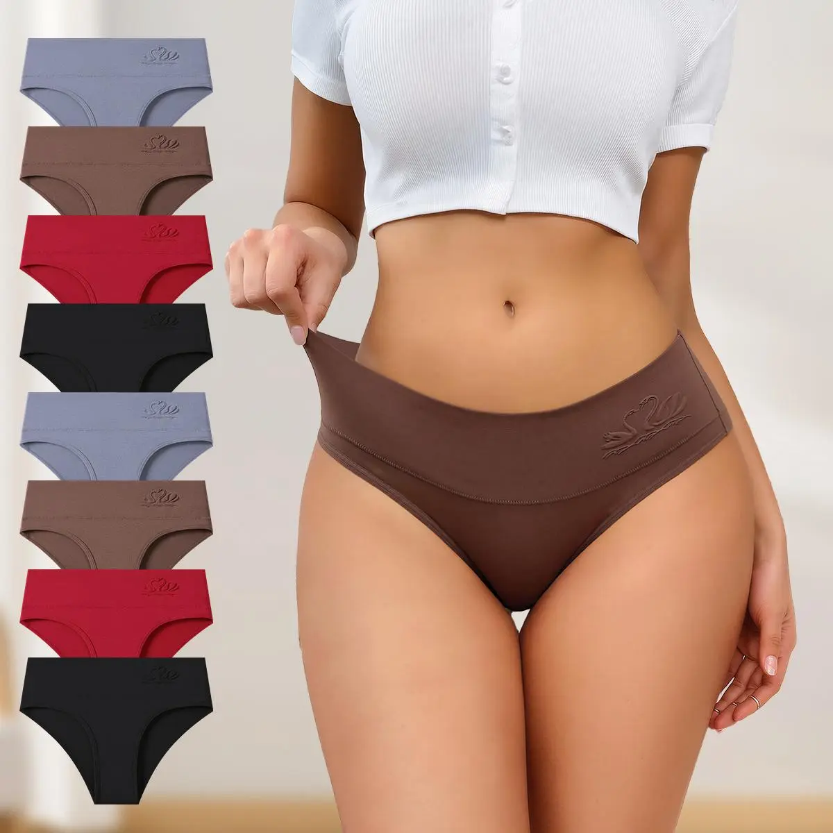 Hotcom Women's High-Cut Knicker Underwear Set – 8/4-Pack High-Waist Seamless Briefs, Breathable Cotton Panties for Everyday Comfort, Three-Sided Elasticity - Womenswear