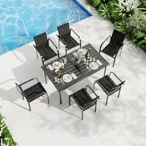 7 Piece Patio Dining Set for 6, Outdoor Metal Dining Furniture Set with Rectangular Slatted Table and 6 Breathable Textilene Chairs, Modern Patio Table and Chairs for Backyard, Deck, Porch,Poolside