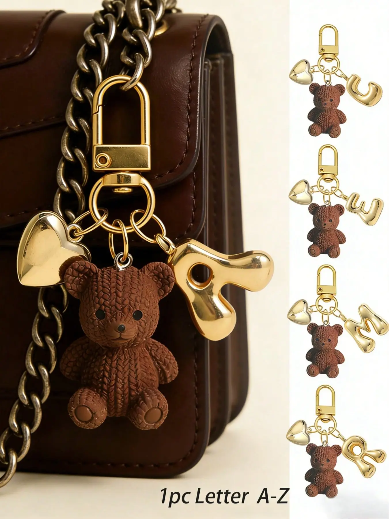 Letter Teddy Bear Keychain Charms with Gold Bubble Letters A-Z, Cute Bear Charm Pendant for Bags Wallets Backpacks, Fashion Accessory for Women Girls