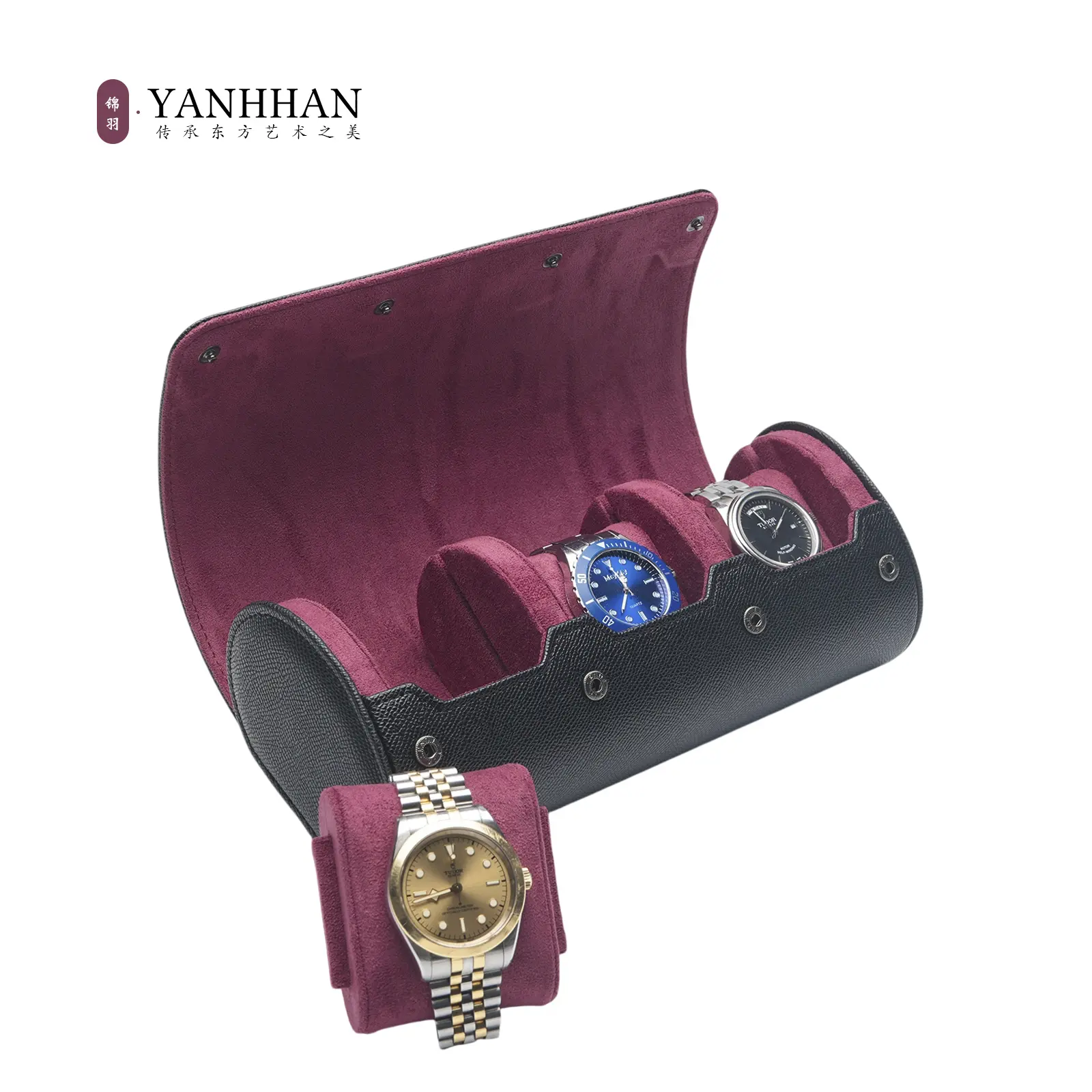 YANHHAN Watch Roll Travel Case for Men and Women- 3 Watch Storage and Organizer | Premium Leather and Suede LininglStorage Organizer and Display,Gift (black/red )