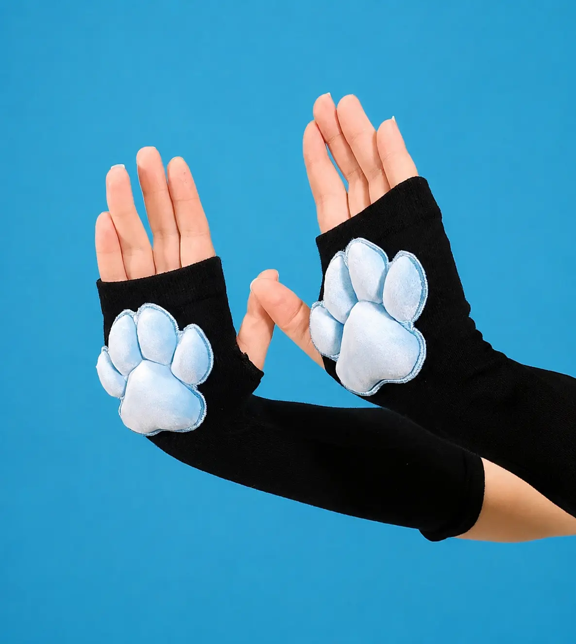 Plush Blue Mochi Paw Pads on Black Fingerless Gloves