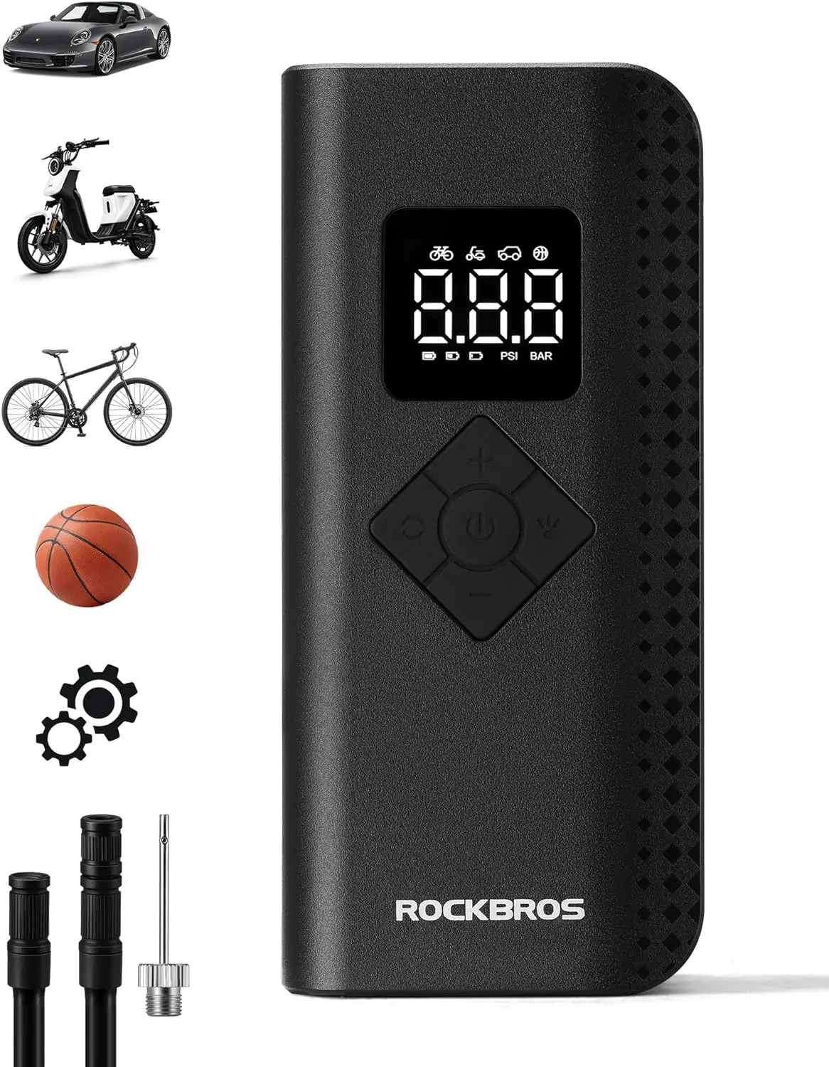 ROCKBROS Cordless Tire Inflator Portable Air Compressor - 150PSI, 2000mAh Battery, 410g Lightweight Compact, 2H Charge, Fast Airflow Saves Time on the Go, LCD Display, Pressure Gauge, LED Light, Auto Shut-Off, Emergency Fix, for Unisex Cycling Tires/Balls