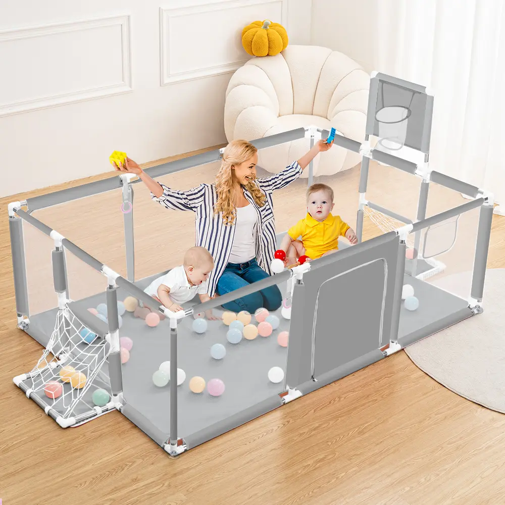 Large Portable Playpen for Babies and Toddlers, 71.6x48 Inch Rectangular Playard with Breathable Mesh Walls, Indoor Outdoor Activity Center with Basketball Hoop