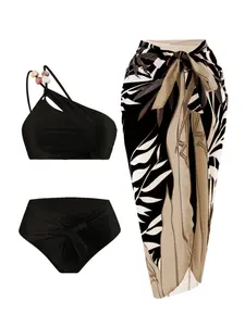 New European/American two-piece bikini swimsuit for women — sexy design with soft padding; three-piece set including a beach skirt, ideal for hot springs vacations.