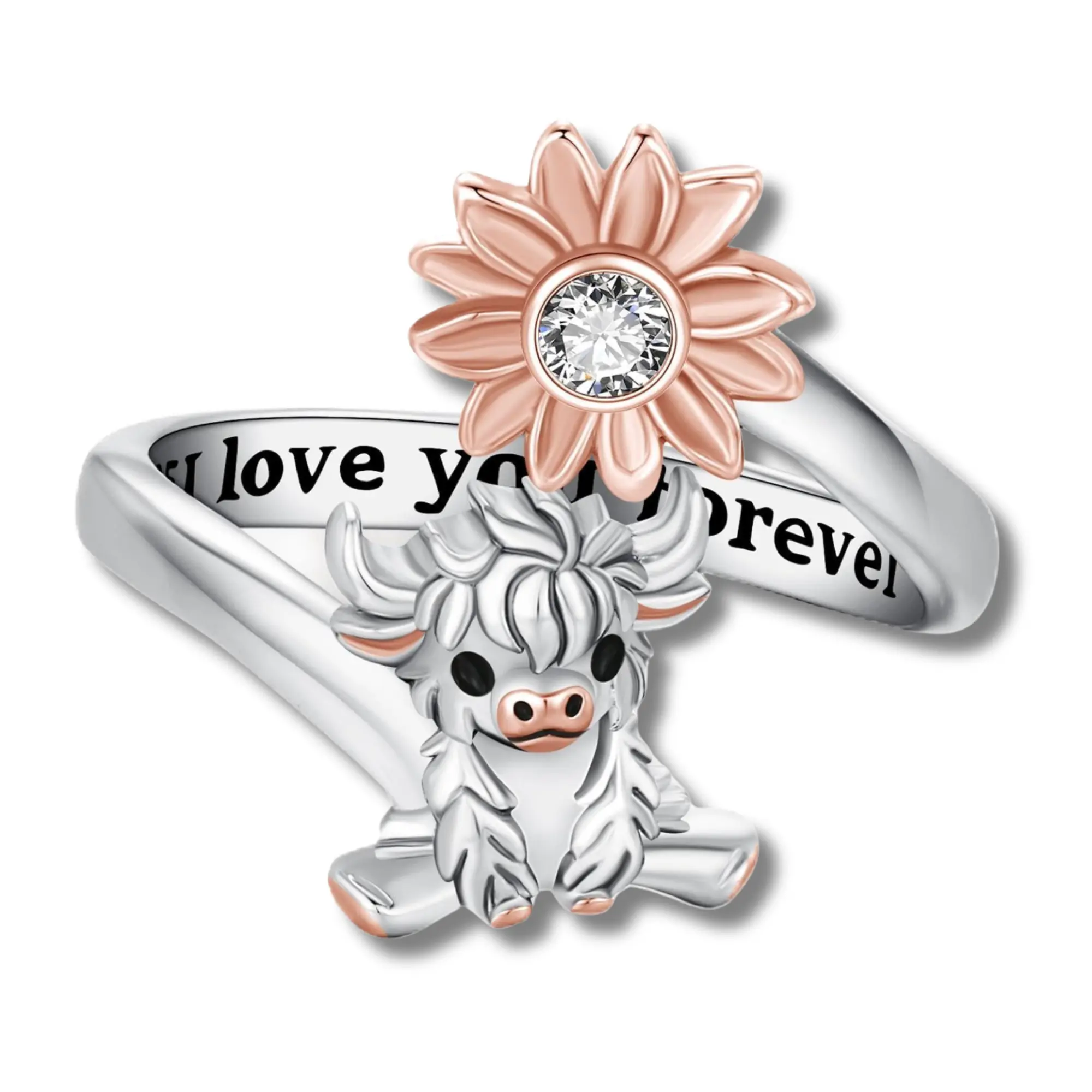 DRINSPER 925 Sterling Silver Highland Cow Open Ring - Unique Rings, Anniversary Gifts for Her, GF Promise Gift