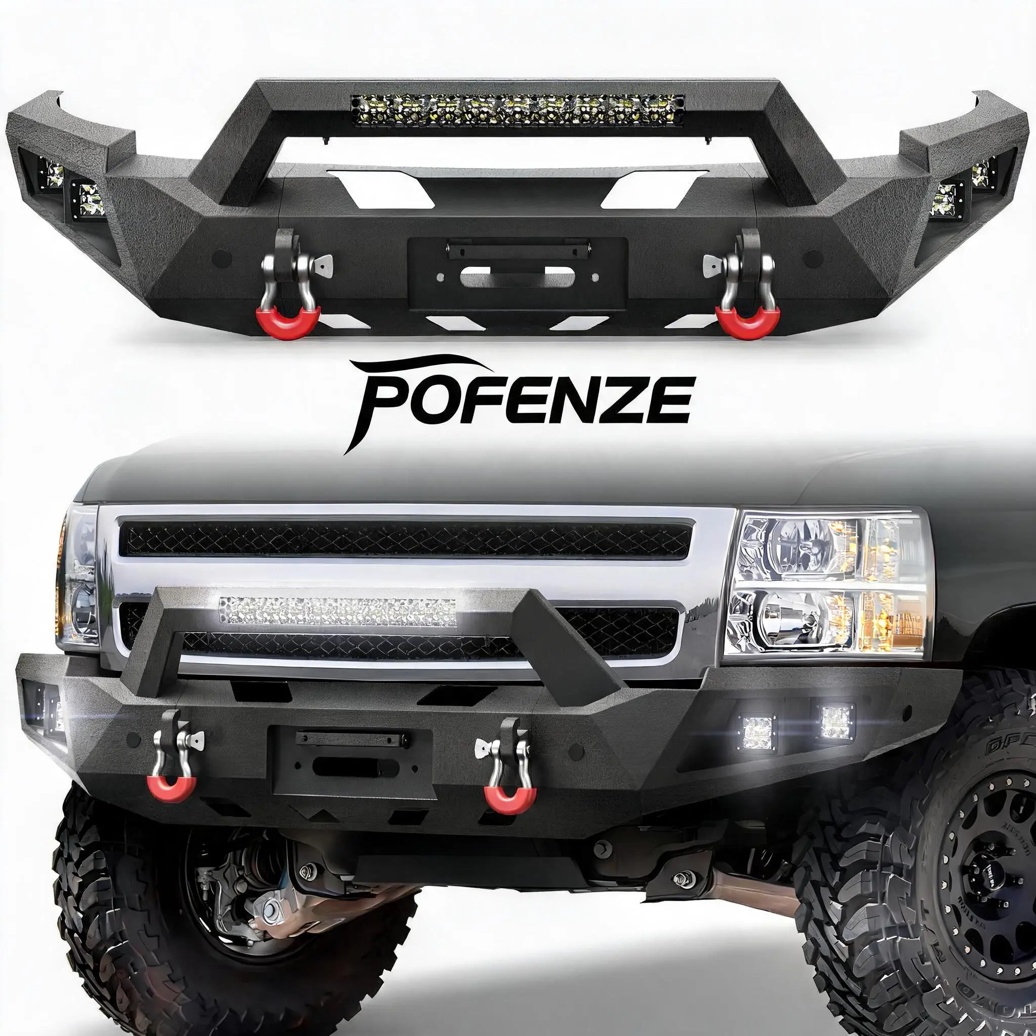 POFENZE-NADIA Off-Road Steel Front Bumper for 2007-2013 Chevy Silverado 1500, Includes Winch Plate, LED Lights, D-Rings and License Plate Bracket, Steel Bumper