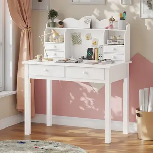 ADORNEVE Small White Writing Desk with Hutch and USB Ports, 31.5 inch Home Office Desk with Drawers, Study Table for Kids/Student, Makeup Dressing Table Save Space Gifts