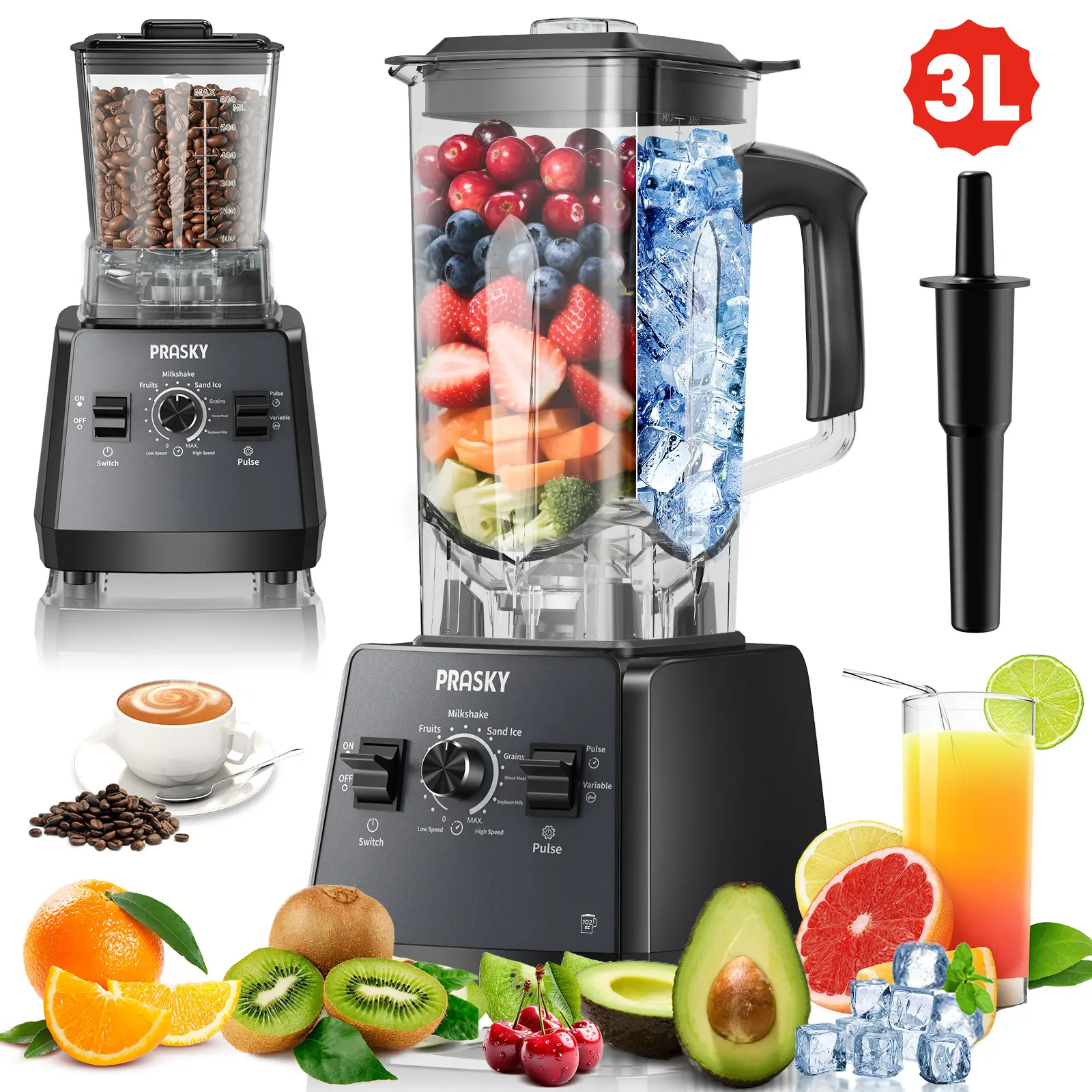 PRASKY 68/102OZ Blender Pro and Grinder Combo, 25000RPM High-Speed Ice Crusher for Smoothies, Frozen Fruits, Coffee Beans, Spices, BPA-Free Large Jar Blender Juicer Machine