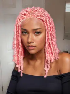 14 Inch Pink Short Coily Wigs for Women, Gorgeous Fluffy Wigs without Bangs, Synthetic Braided Lace Wigs for Party, Daily Use