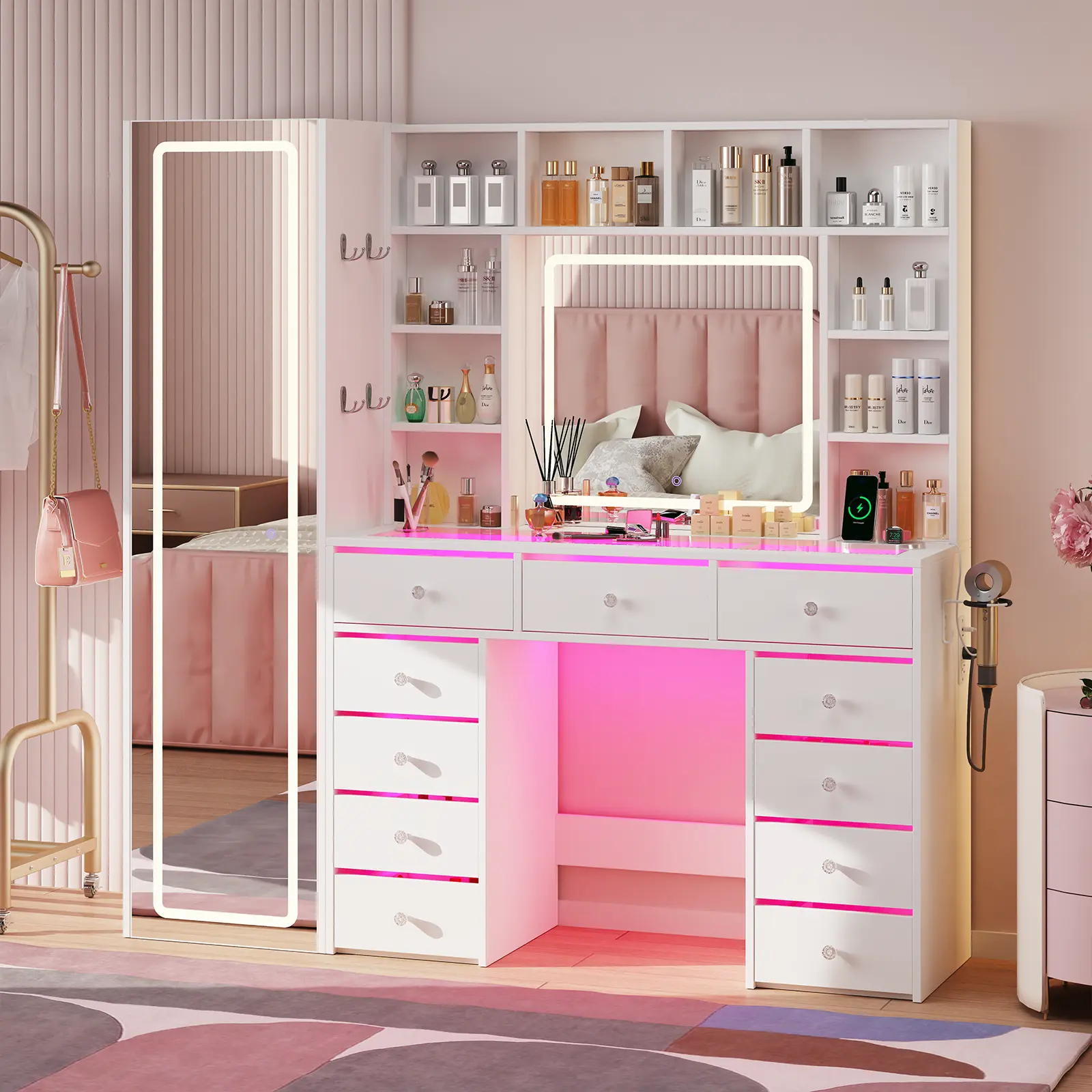 White/Black/Pink Dimmable Women Makeup Vanity With Full Mirror And RGB Lighting Modes USB Power LED Lights, Makeup Vanity With Transparent Top & USB Charger, Vanity With Storage Shelves Drawers, Dressing Table For Women Girls Bedroom, cost co vanity