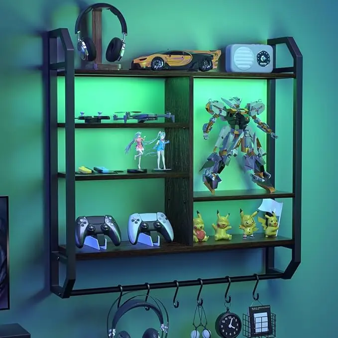 Nidouillet Gaming Floating Shelves, Large LED Wall Mounted Display Shelf, Adjustable Hanging Pipe Shelf Bookshelf with Lights 6 Hooks for Game Living Room Bedroom Coffee Bar Kitchen Decor Black  and Brown    ( AB031102   AB031101)