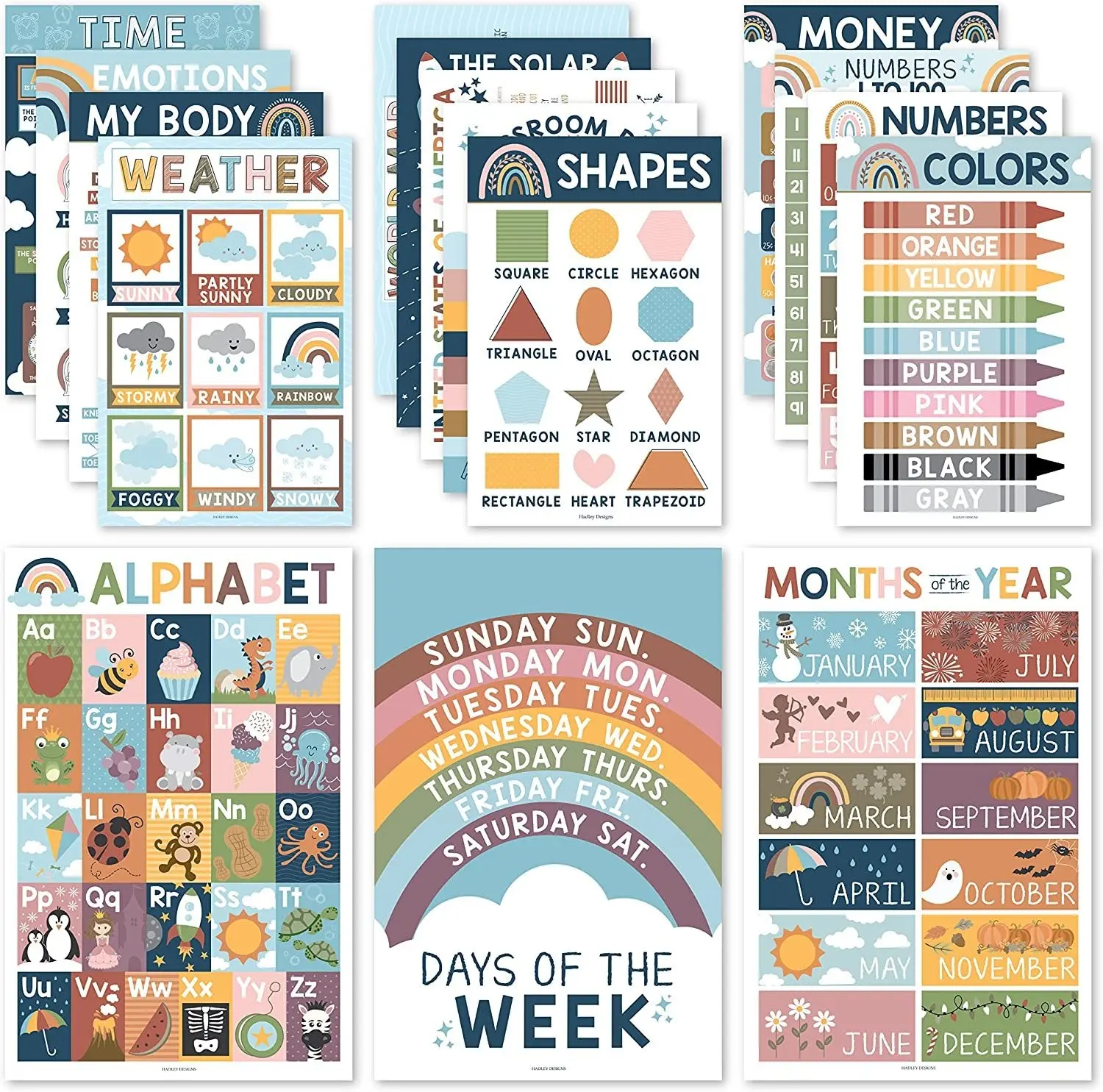 Hadley Designs Boho Early Learning Poster Pack - 16 PreK Educational 11x17 USA Made Laminated Posters for Classroom & Homeschool