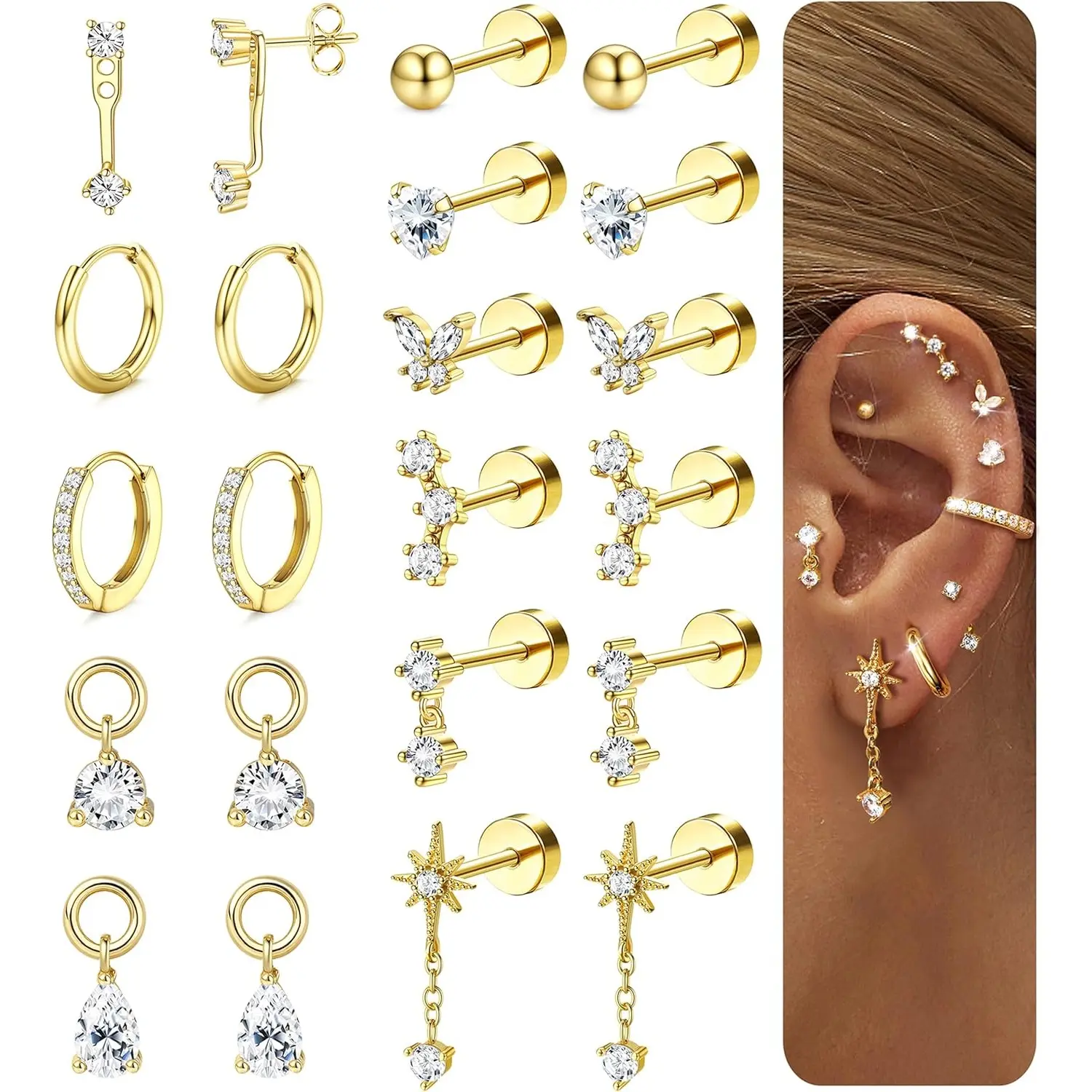 Women's Flat Back Stud Earrings - Surgical Stainless Steel Gold & Silver Stacks, Hypoallergenic Non-Tarnish Tarnish-Free Small Earrings for Sensitive Ears, Trendy Helix Piercing Gift, Flat Back Earrings, Non Tarnish Earrings