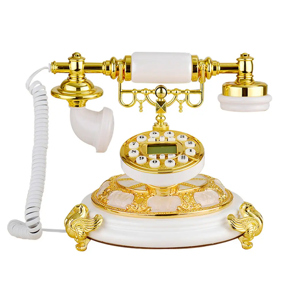 Luxury European Antique Old-Fashioned Rotary Dial Telephone,Hotel/Home Desktop Fixed Phone Resin+Metal (Gold+White) Household Items Stone Appliances Interior