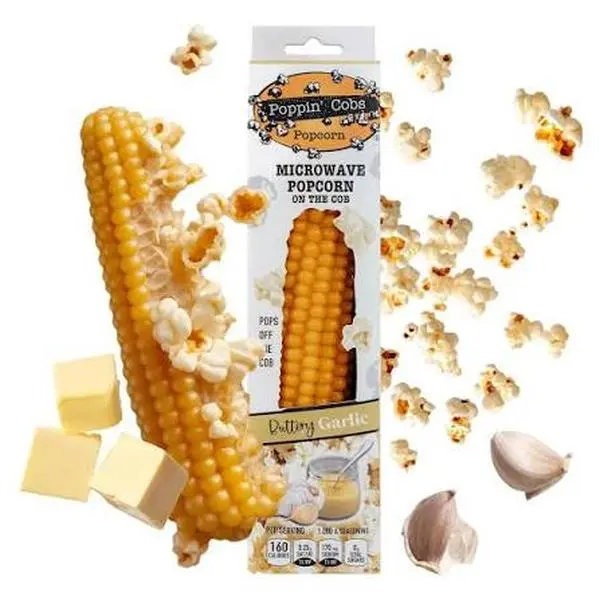 Poppin' Cobs Microwave Popcorn on the Cob - Gluten-Free, GMO-Free Single Cob Snack with Buttery Garlic Seasoning, Natural Ingredients, No Artificial Flavors, All Ages Treat, Ideal Gift Option