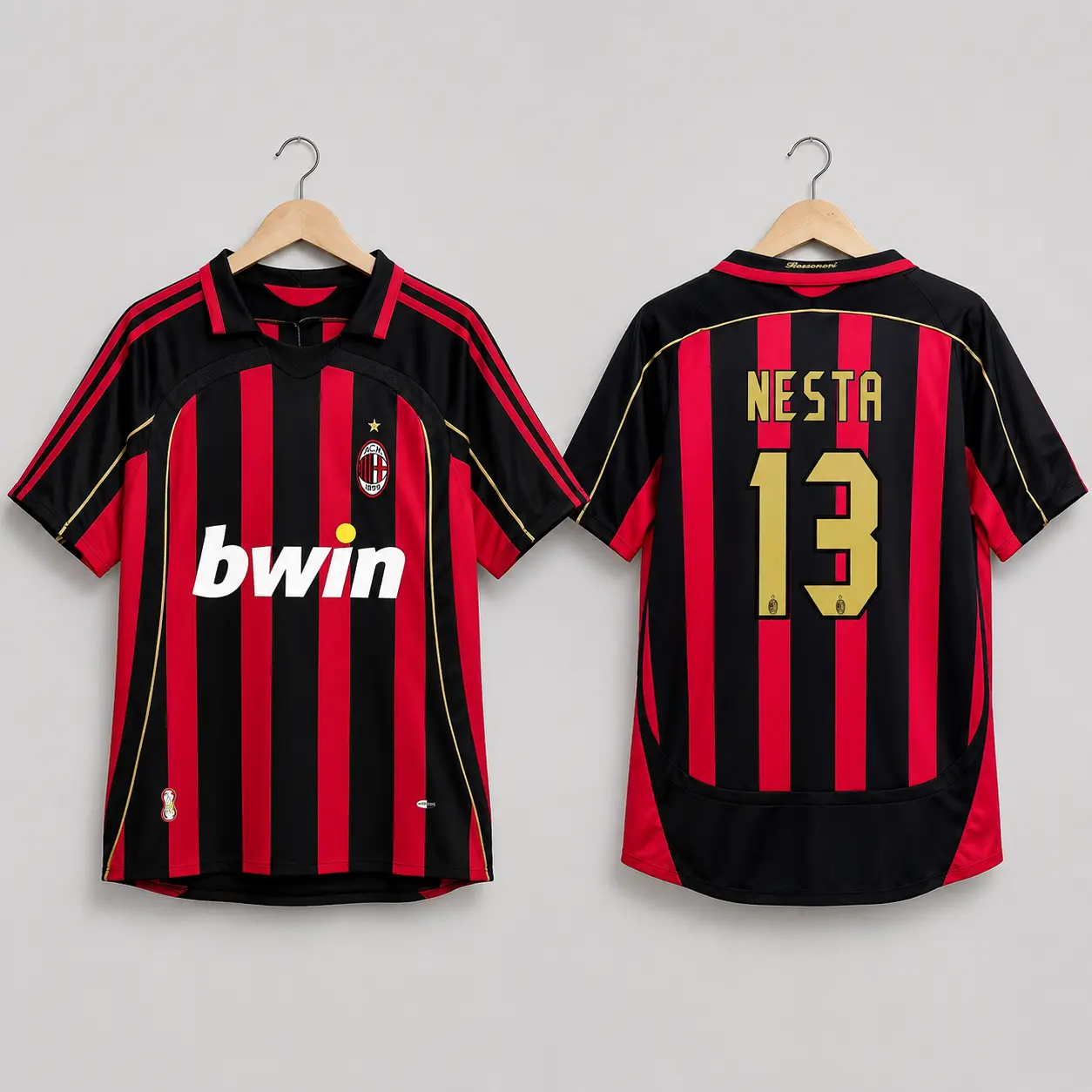 Milan Red Black 2006/07 Retro No.13 Soccer Jersey – Classic Striped Short Sleeve Football Shirt, Vintage Match Day Fanwear, Sizes XS–5XL
