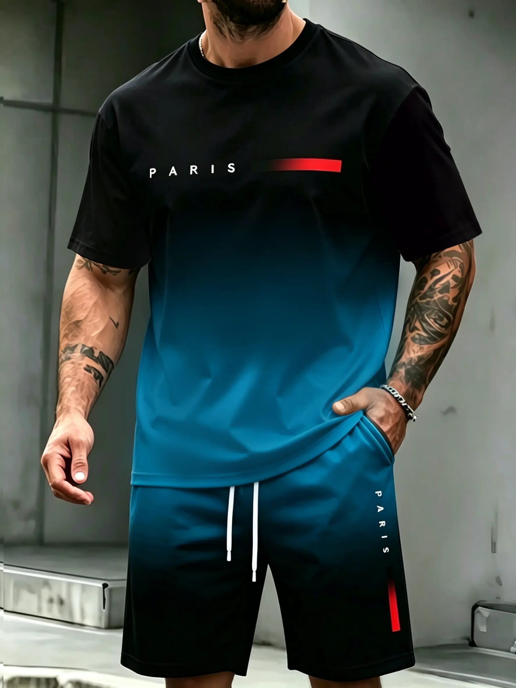 Menswear 2-Piece Round Neck Short-Sleeve Shirt & Shorts Set - Graduated "PARIS" Letter Print, Drawstring, Pockets, Casual Stylish Summer Outdoor Outfit