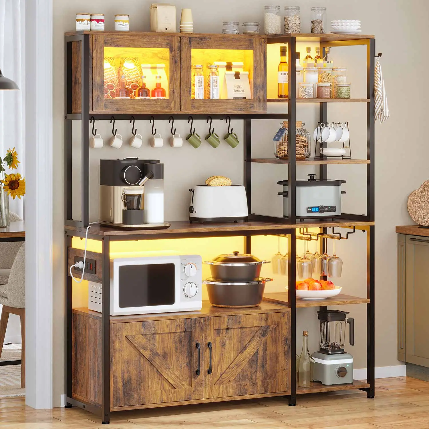 Sikaic Farmhouse Bar Table Cabinet - 45.3 in Brown Kitchen Storage Cabinet with Power Outlet for Home Use, Kitchen Cabinet Storage
