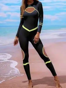Women's One-Piece Swimsuit Long Sleeve Pants Design Fluorescent Colorblock Mesh Patchwork Slimming Sporty Outdoor Surfing Snorkeling Full Coverage Swimsuits