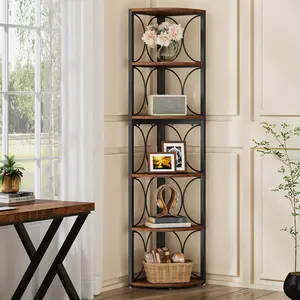 6-tier Rustic Corner Bookshelf, 67inch High Corner Bookshelf, Bookcase Storage Rack, Vertical Shelf Unit, for Living Room and Small Spaces Decor