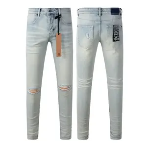 Fashion KSUBI Cross Jeans Men Trend wash Light Blue Paint Hole Low Rise Stretch Skinny Ripped Frayed Jeans brand pant