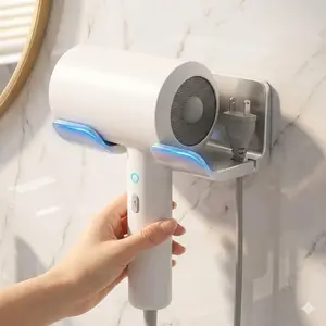 Wall Mounted Hair Dryer Holder for Bathroom, Bathroom Accessory, Bathroom Organization, No Drill Adhesive Styling Tool Organizer with Hooks, Waterproof Rustproof Wall Shelf for Blow Dryer, Curling Iron, Straightener, and Hair Styling Accessories Storage.