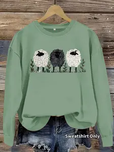 Women's Casual Animal Sheep Pattern Fitted Pullover Sweatshirt, Soft Long Sleeve Round Neck, All-Season Comfort, Durable Fabric