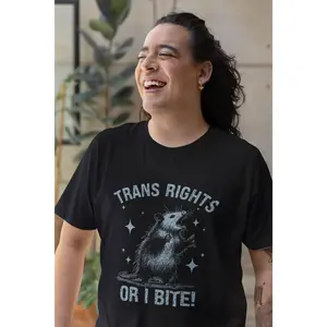 Women's T-Shirt with "Trans Rights or I Bite" Possum Graphic - Casual Short-Sleeve 100% Cotton with Comfortable Classic Fit, Shortsleeve