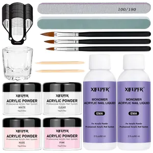 XIFEPFR Acrylic Nail Kit - Clear Pink White Nude Powder & Liquid Monomer Set with Brush Nail Forms Extension Kit for Beginners Home DIY Nail Art