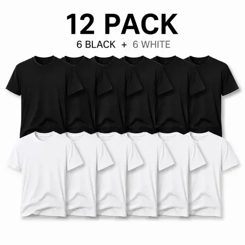 Men's Cotton-Poly Blend Solid Color Casual Menswear Tshirts (12 Pack: 6 Black+6 White) - Classic Crew Neck, Oversized Loose-Fit Baggy Shortsleeve, Unisex Vintage Soft All-Season Tops for School