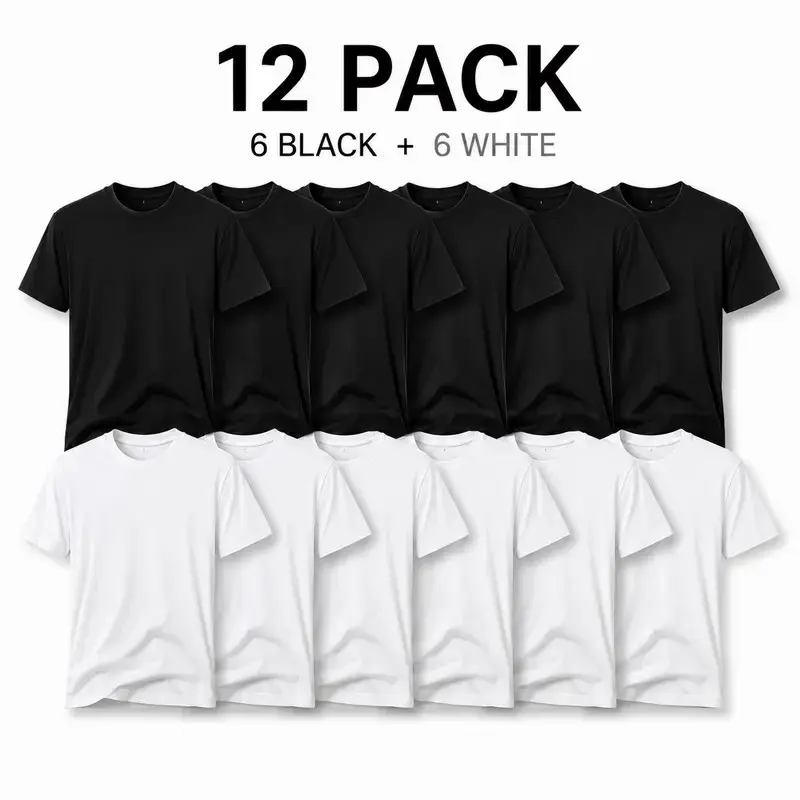 Men's Cotton-Poly Blend T-Shirts 12-Pack (6 Black+6 White), Menswear Casual Unisex Vintage Aesthetic Crew Neck Short Sleeve Plain Oversized Loose-Fit Baggy Soft Basic Tops