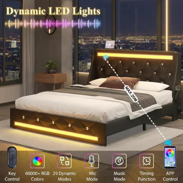 [Bellemave]Full/Queen Bed Frame with LED Lights, Upholstered Bed Frame with Charging Station, Platform Bed with Diamond Headboard, Wooden Slats, No Box Spring Needed, Noise Free, Easy Assembly, Black   WL