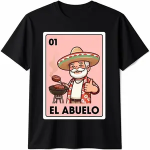 Men's Cotton Short-Sleeve Round Neck Graphic T-Shirt - Menswear Top, Fashion Unisex Casual Streetwear with El Abuelo Grilling Grandpa Mexican Bingo Card Design